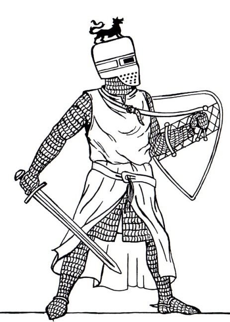 Topfhelmritter mit Schild und Schwert