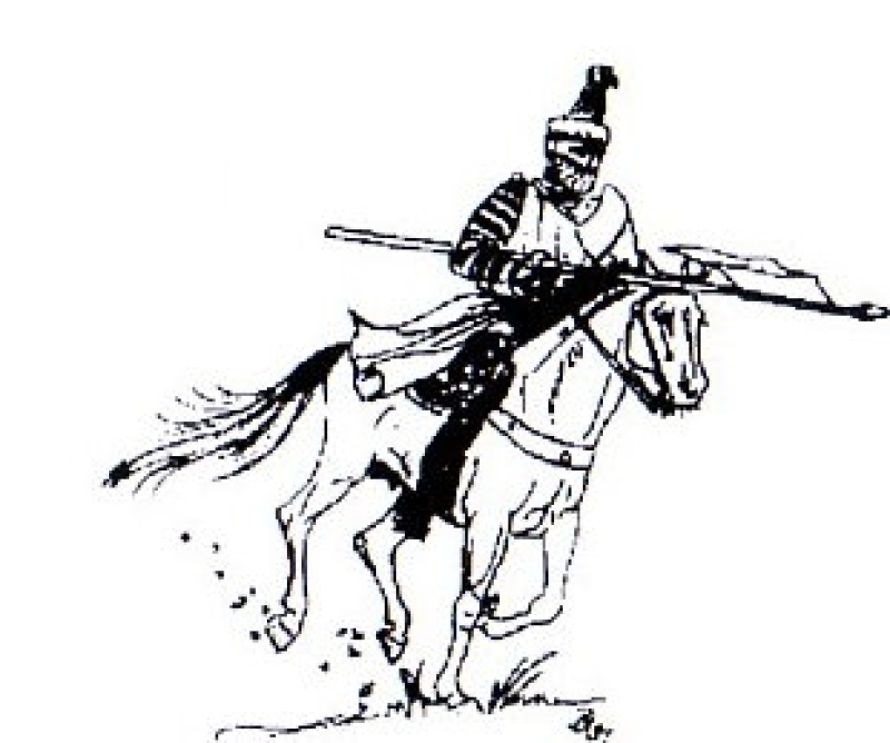 Ritter zu Pferd mit eingelegter Lanze anreitend