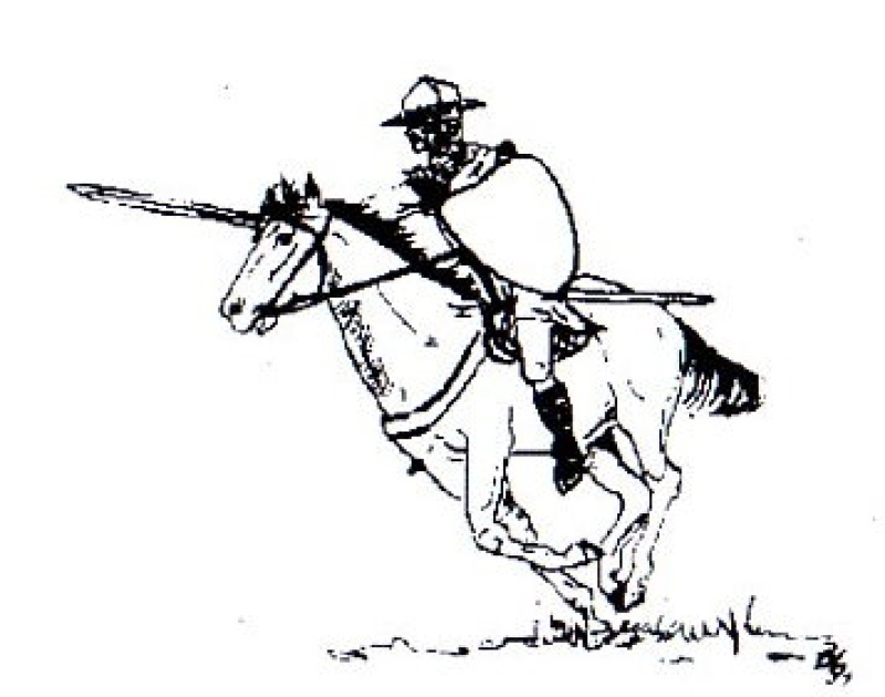 Ritter auf Pferd mit Schwert angreifend