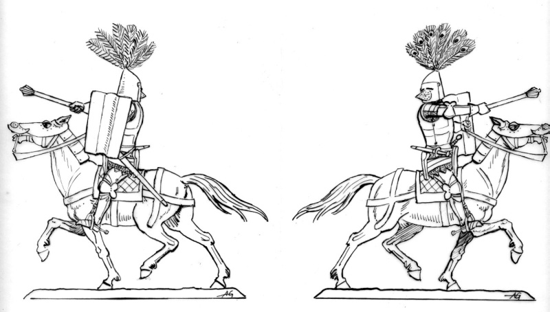 Ordensritter zu Pferd mit Streitkolben zeigend